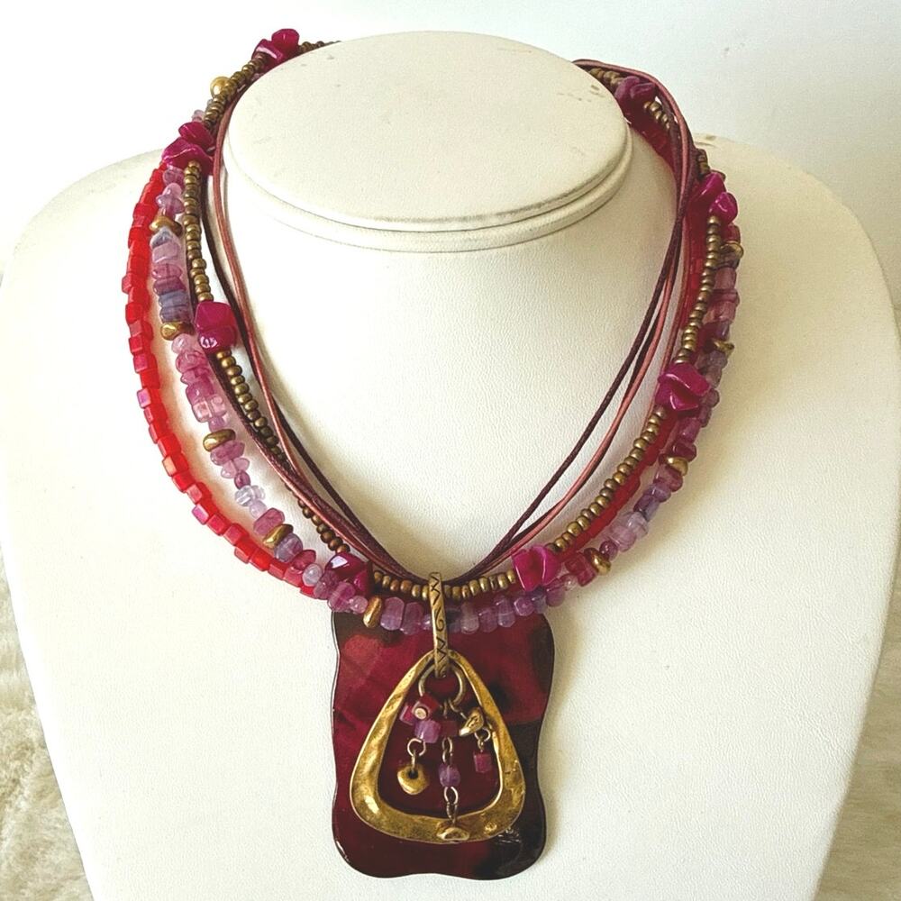 Chico’s Pink Red Multi Strand Beaded Statement Pendant Necklace Gold Tone